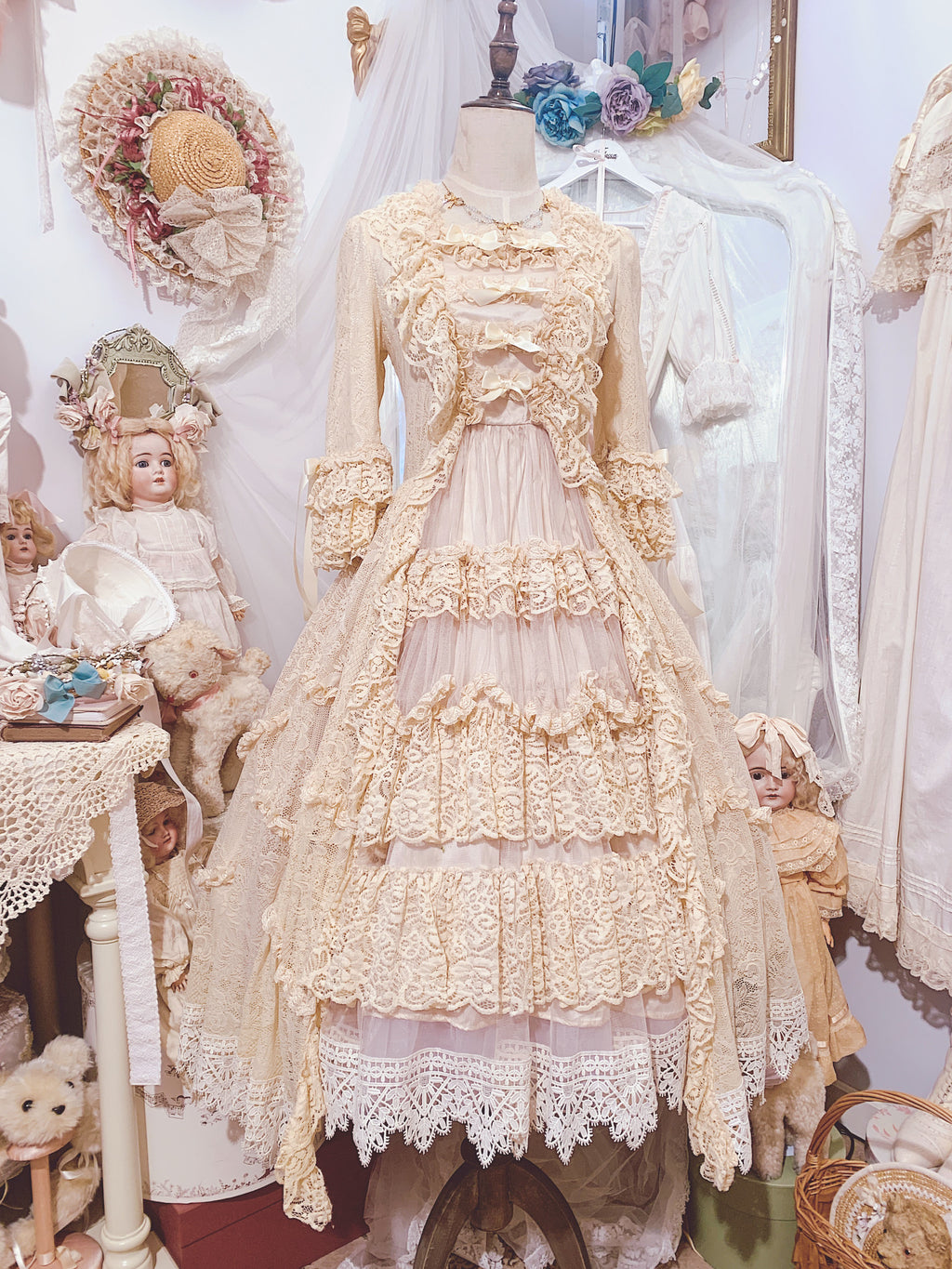 Clair de Lune Rococo Style Lace Gown One-piece + Bonnet Set