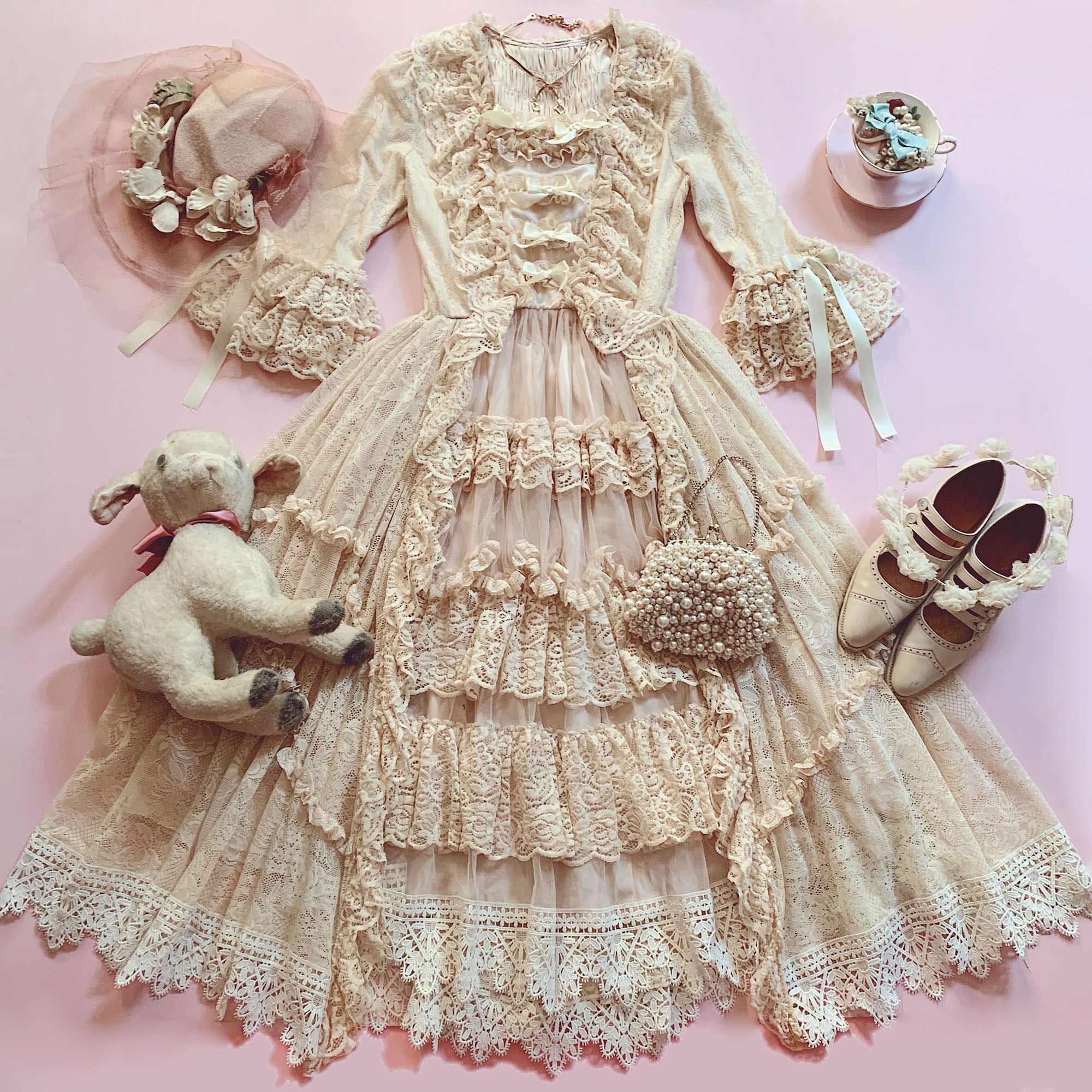 Clair de Lune Rococo Style Lace Gown One-piece + Bonnet Set