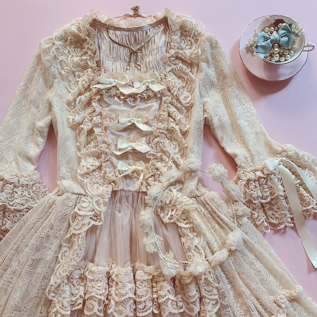 Clair de Lune Rococo Style Lace Gown One-piece + Bonnet Set