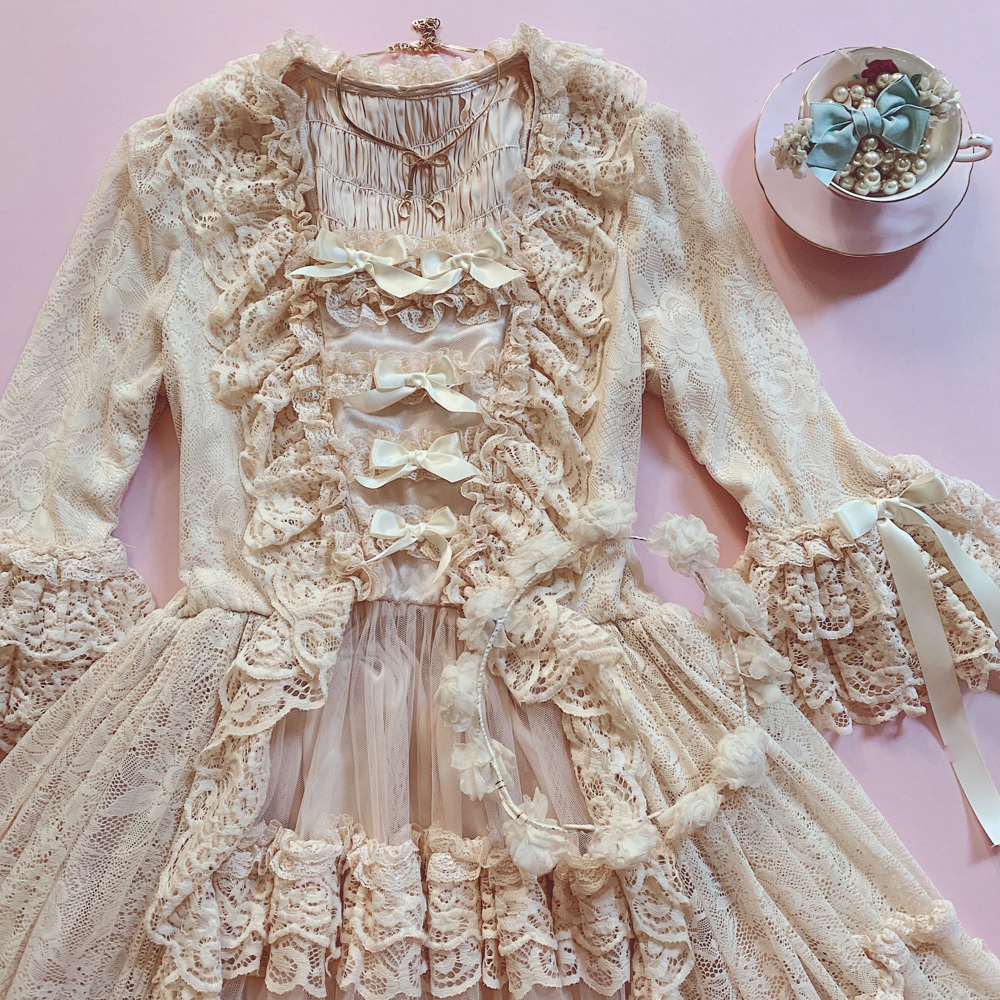 Clair de Lune Rococo Style Lace Gown One-piece + Bonnet Set