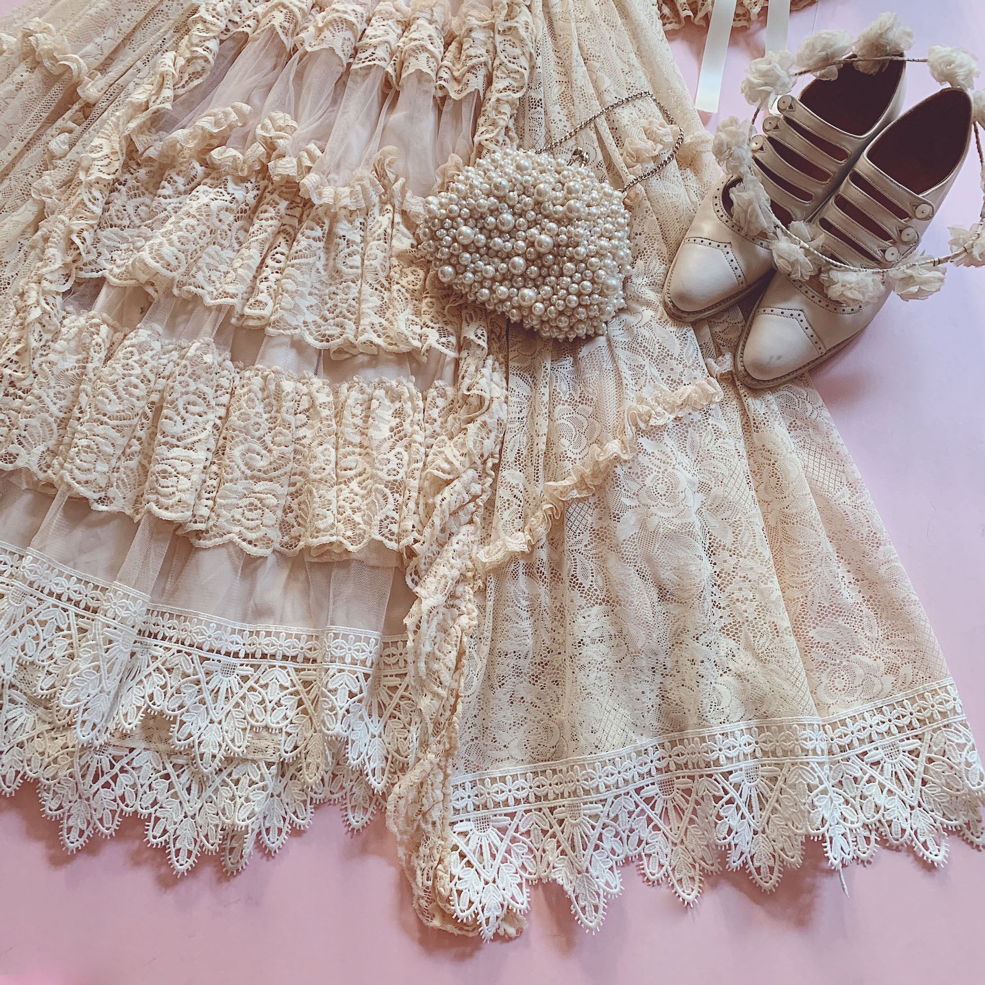 Clair de Lune Rococo Style Lace Gown One-piece + Bonnet Set