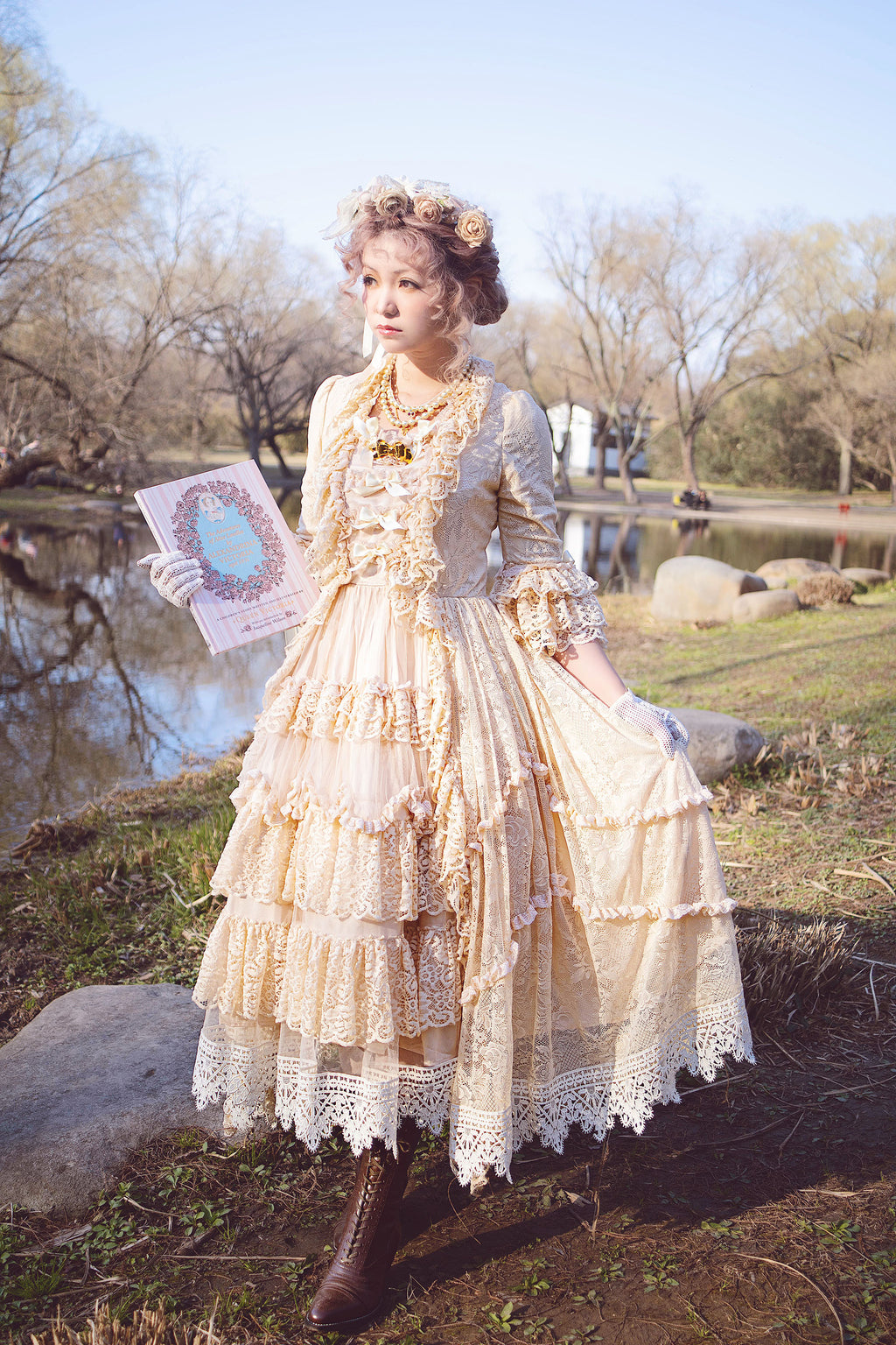 Clair de Lune Rococo Style Lace Gown One-piece + Bonnet Set
