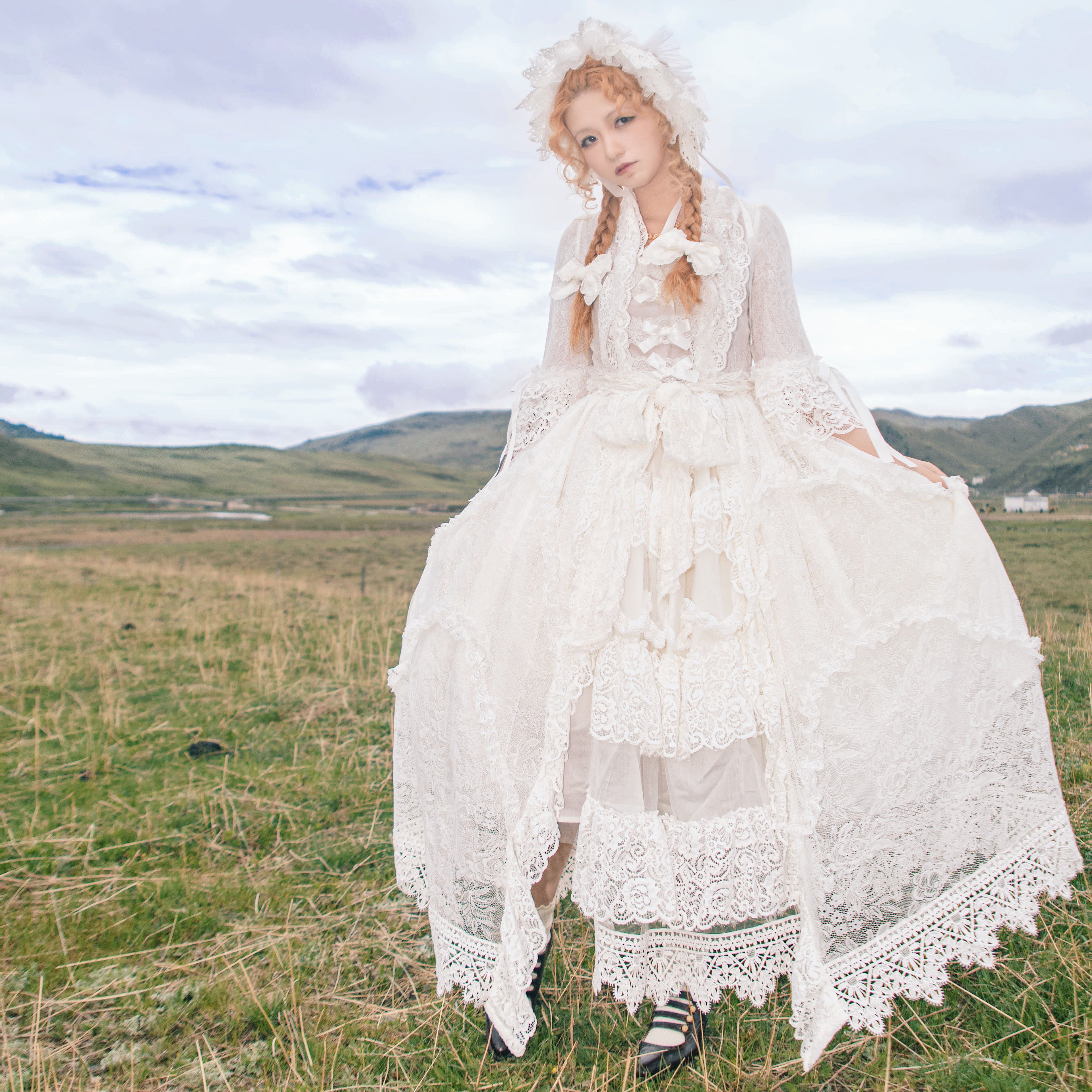 Clair de Lune Rococo Style Lace Gown One-piece + Bonnet Set